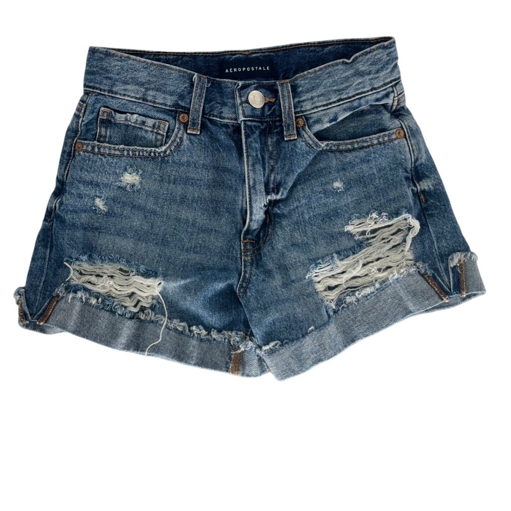 Aeropostale Mom Shorts Womens 00 Medium Wash Distressed High Rise Denim Blue